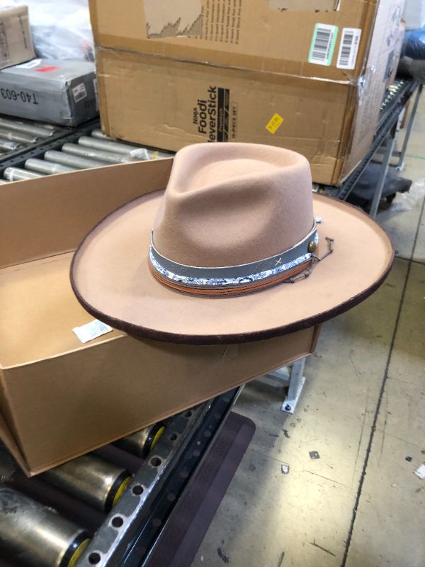 Photo 1 of Vintage Wide Brim Fedora Hats for Mens Women 100% Wool Felt Panama Rancher Hat with Lightning Logo Distressed/Burned 7 1/8 Burnt Milk Tea-2