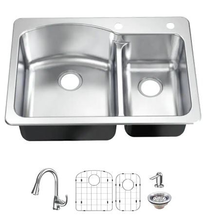 Photo 1 of All in-One 33 in. Drop-in/Undermount Double Bowl 18 Gauge Stainless Steel 2-Hole Kitchen Sink with Pull-Down Faucet