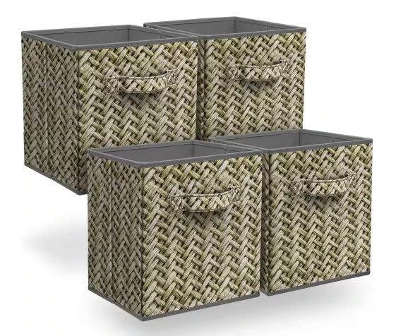 Photo 1 of 11 in. H x 10.5 in. W x 11 in. D Gray Wooven Design Foldable Cube Storage Bin (4-Pack)
