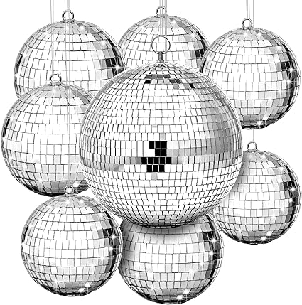 Photo 1 of 8 Pcs Large Disco Ball Set Silver Mirror Disco Balls Reflective Ball with Hanging Ring Party Hanging Ornament Decoration for Stage Club Ballroom Dance Hall Wedding Prom Props Supplies, 8'' 6'' 4''

