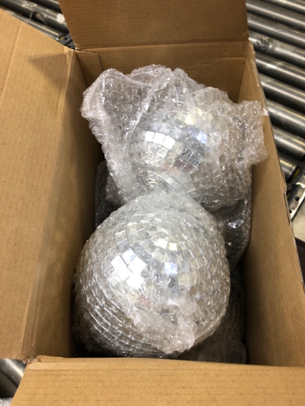 Photo 1 of 8 Pcs Large Disco Ball Set Silver Mirror Disco Balls Reflective Ball with Hanging Ring Party Hanging Ornament Decoration for Stage Club Ballroom Dance Hall Wedding Prom Props Supplies, 8'' 6'' 4''
