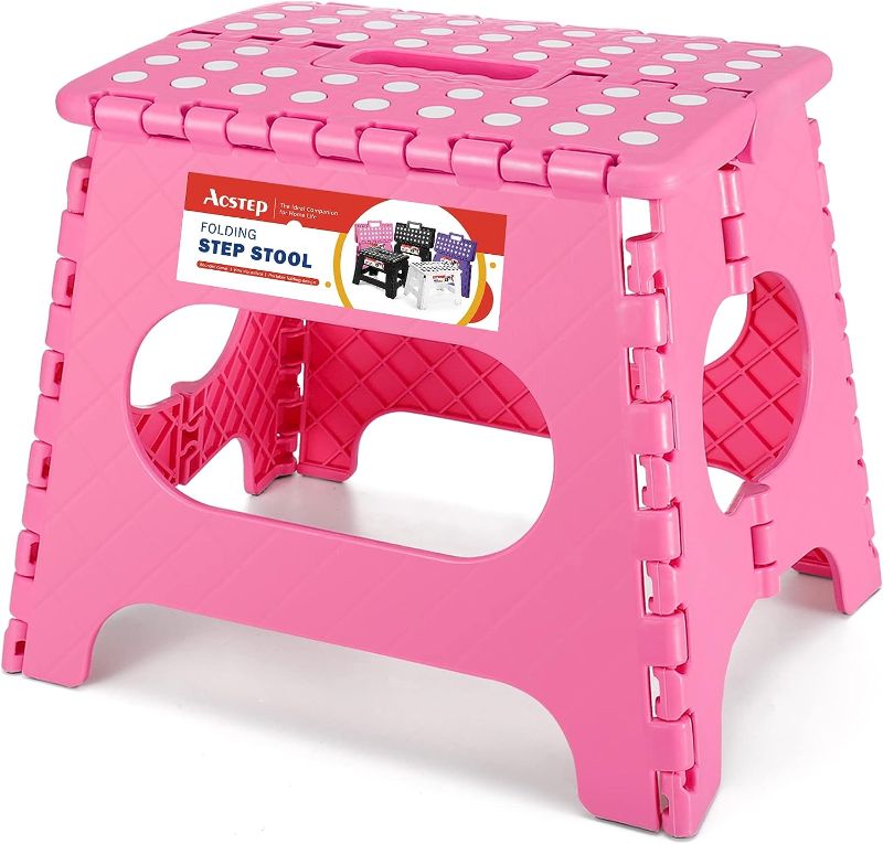 Photo 1 of ACSTEP Folding Step Stool for Adults-11 Height Lightweight Plastic Stepping Stool. Foldable Step Stool Hold up to 300lbs Non Slip Collapsible Stool Pink
