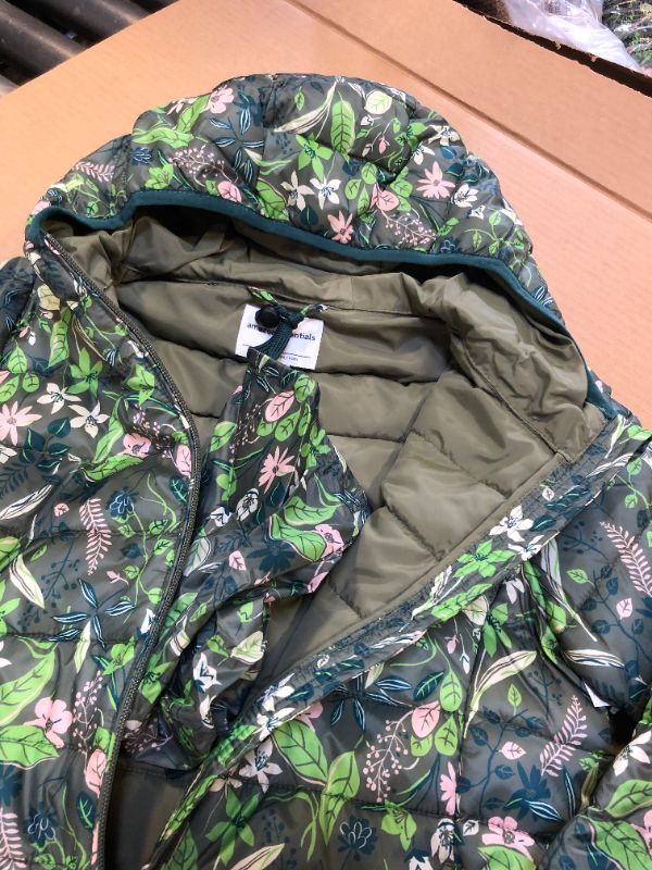 Photo 2 of  Girls  Lightweight Water-Resistant Packable Hooded Puffer Jacket, MEDIUM,  Green Floral - MEDIUM 
