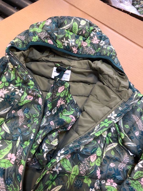 Photo 2 of  Girls Lightweight Water-Resistant Packable Hooded Puffer Jacket, MEDIUM,  Green Floral - MEDIUM 