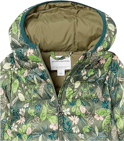 Photo 1 of  Girls  Lightweight Water-Resistant Packable Hooded Puffer Jacket, MEDIUM,  Green Floral - MEDIUM 