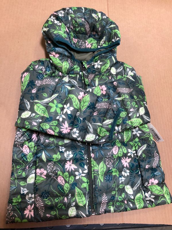 Photo 3 of  Girl/TODDLERS, 3T Lightweight Water-Resistant Packable Hooded Puffer Jacket,3T,  Green Floral - size 3T