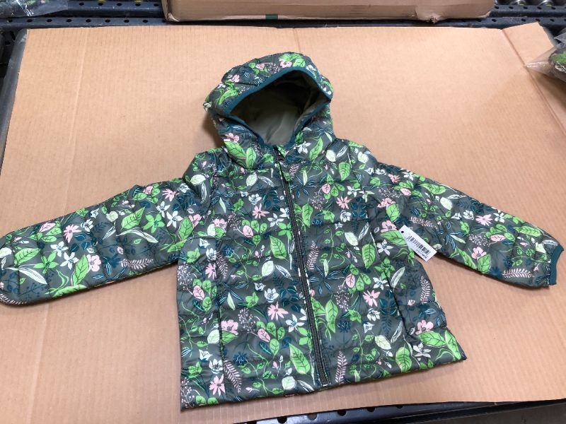 Photo 3 of  Girl/TODDLERS, 3T Lightweight Water-Resistant Packable Hooded Puffer Jacket,3T,  Green Floral - size 3T