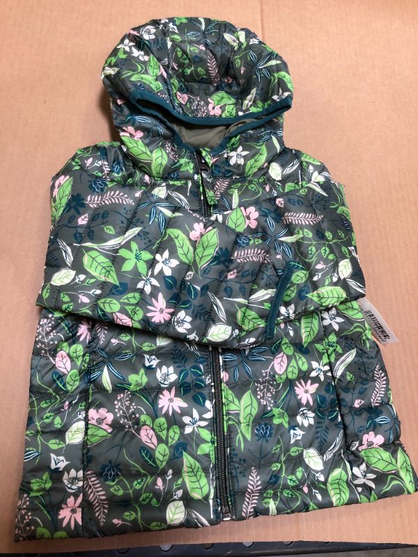 Photo 2 of  Girl/TODDLERS, 3T Lightweight Water-Resistant Packable Hooded Puffer Jacket,3T,  Green Floral - size 3T