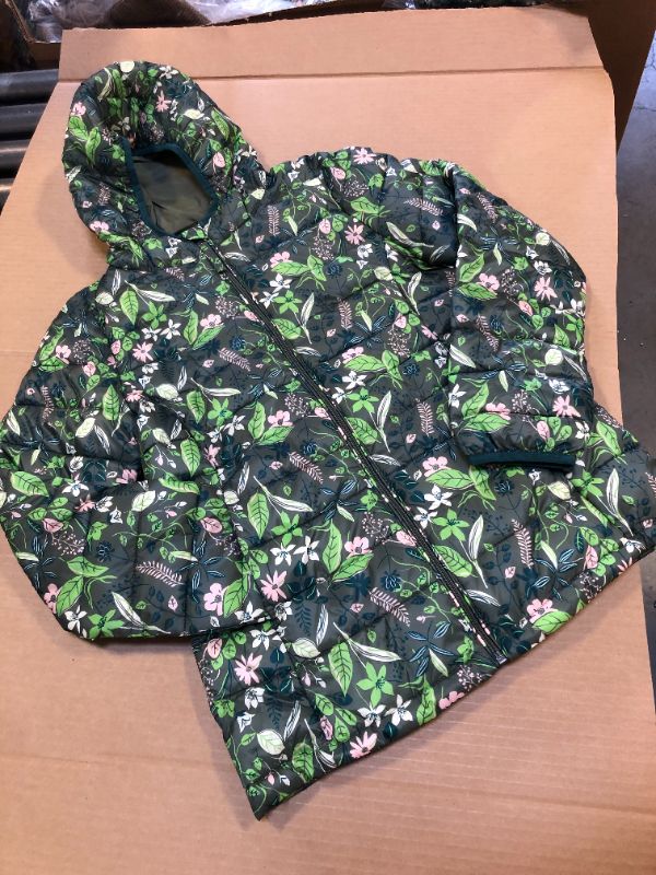 Photo 2 of  Girls' Lightweight Water-Resistant, Green Floral, Packable Hooded Puffer Jacket - LARGE
