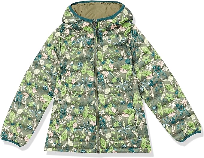 Photo 1 of  Amazon Essentials GIRLS, Lightweight Water-Resistant Packable Hooded Puffer Jacket SMALL- Green Floral, SMALL