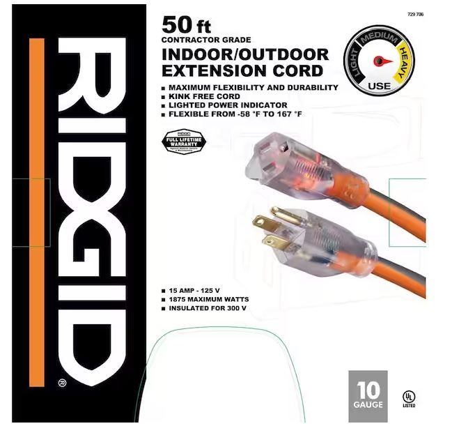 Photo 1 of 50 ft. 10/3 Heavy Duty Indoor/Outdoor SJTW Extension Cord with Lighted End, Orange/Grey
