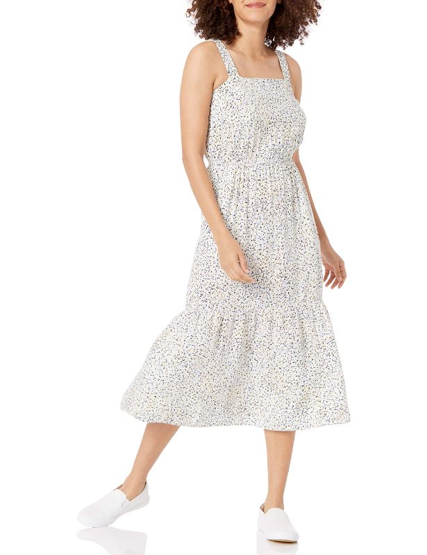 Photo 1 of 5---Size XS--Amazon Essentials Women's Fluid Twill Tiered Fit and Flare Dress X-Small Off-white Confetti Print