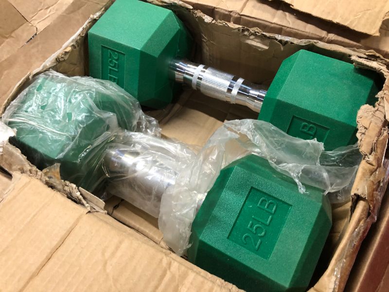 Photo 3 of 25LBS GREEN Set of 2 Rubber Dumbbell Weight, Anti-Slip, Anti-roll, Hex Shape
