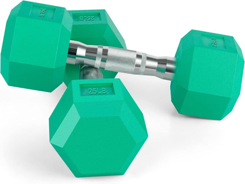 Photo 1 of 25LBS GREEN Set of 2 Rubber Dumbbell Weight, Anti-Slip, Anti-roll, Hex Shape
