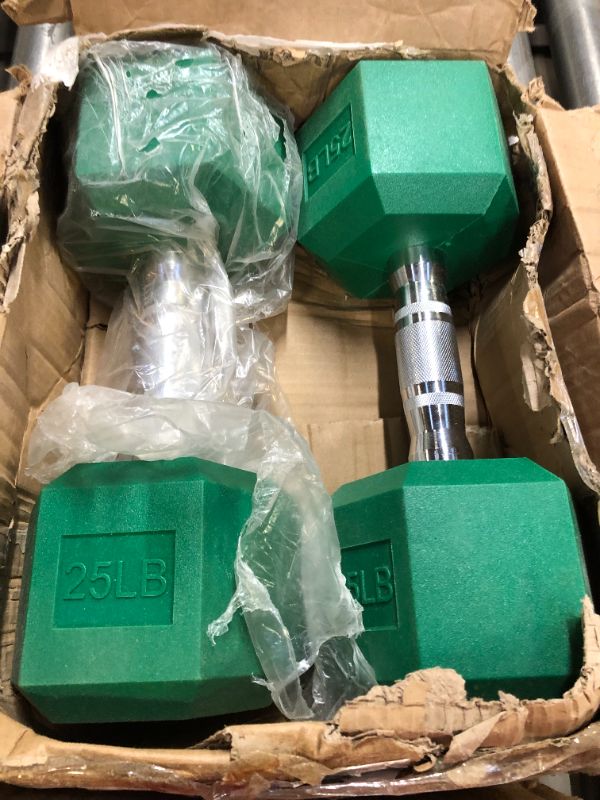 Photo 2 of 25LBS GREEN Set of 2 Rubber Dumbbell Weight, Anti-Slip, Anti-roll, Hex Shape
