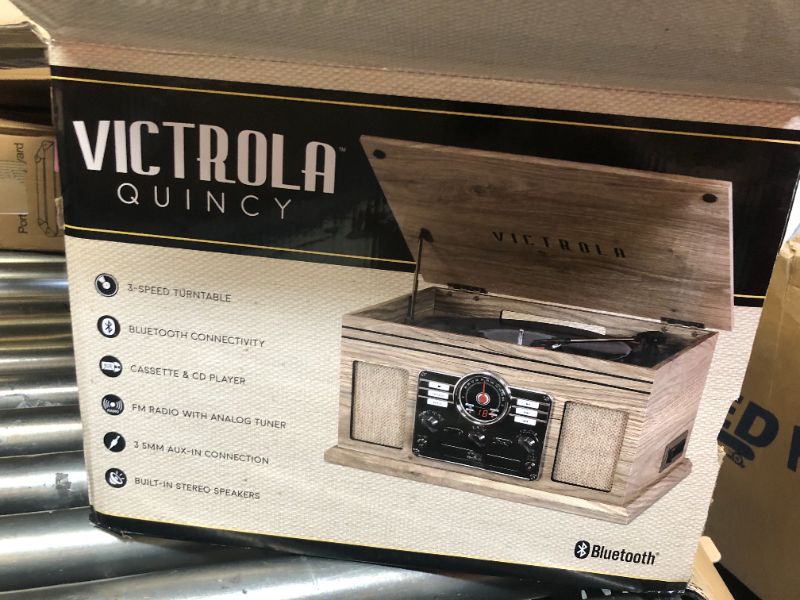 Photo 4 of Victrola Nostalgic 6-in-1 Bluetooth Record Player & Multimedia Center with Built-in Speakers - 3-Speed Turntable, CD & Cassette Player, AM/FM Radio | Wireless Music Streaming White (VA-30-WHT) Farmhouse Oatmeal Entertainment 