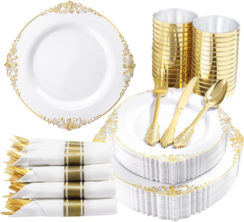 Photo 1 of Nervure 350PCS White and Gold Plastic Plates & Pre Rolled Napkins with Plastic Cutlery for 50 Guests-Gold Disposable Plates, 150 Gold Plastic Silverware, 50Cups, 50Napkins for Party & Wedding
