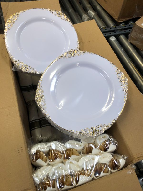 Photo 2 of Nervure 350PCS White and Gold Plastic Plates & Pre Rolled Napkins with Plastic Cutlery for 50 Guests-Gold Disposable Plates, 150 Gold Plastic Silverware, 50Cups, 50Napkins for Party & Wedding
