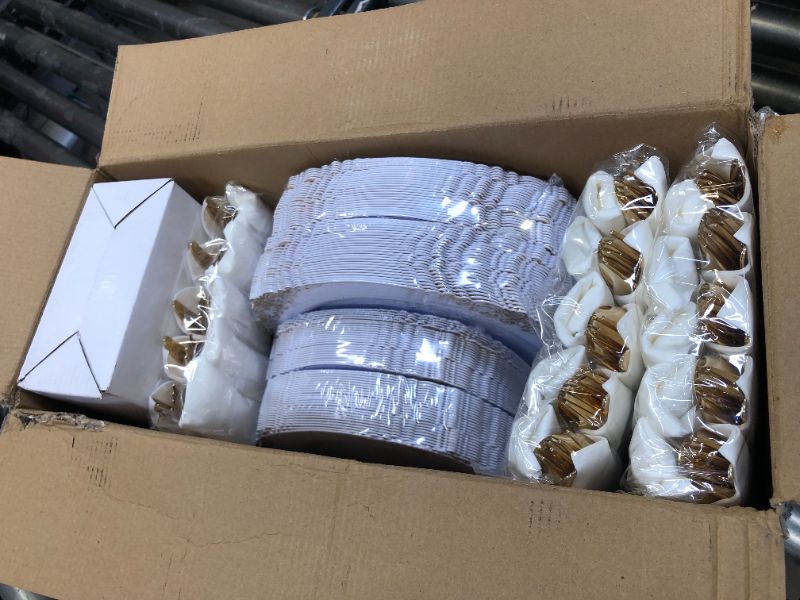 Photo 1 of Nervure 350PCS White and Gold Plastic Plates & Pre Rolled Napkins with Plastic Cutlery for 50 Guests-Gold Disposable Plates, 150 Gold Plastic Silverware, 50Cups, 50Napkins for Party & Wedding
