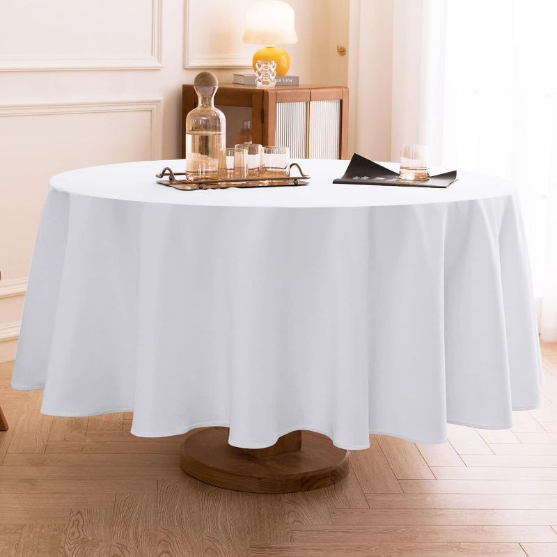 Photo 1 of  Round Tablecloth 120 Inch Tablecloth Stain Resistant Decorative Washable Polyester Table Cloth for Dining Table Banquets Buffet Parties and Wedding, Fits Square or Round Table White [1 Pack ] 120 Round