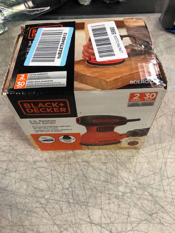 Photo 3 of BLACK+DECKER Orbital Sander, 5 Inch, 2.0 Amp, 12000 OPM, Corded, 1 Sandpaper Sheet and Dust Bag Included (BDERO100) Sander Only