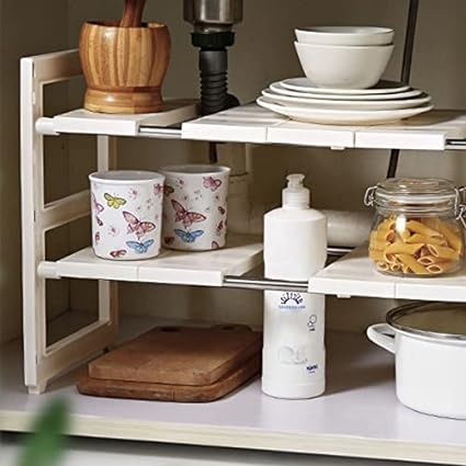 Photo 1 of Aluvee Under Sink Organizers and Storage, Extendable Kitchen Storage & Organisation, 2 Tier Multifunctional Cupboard Organiser with Removable Shelves and Steel Pipes,White
