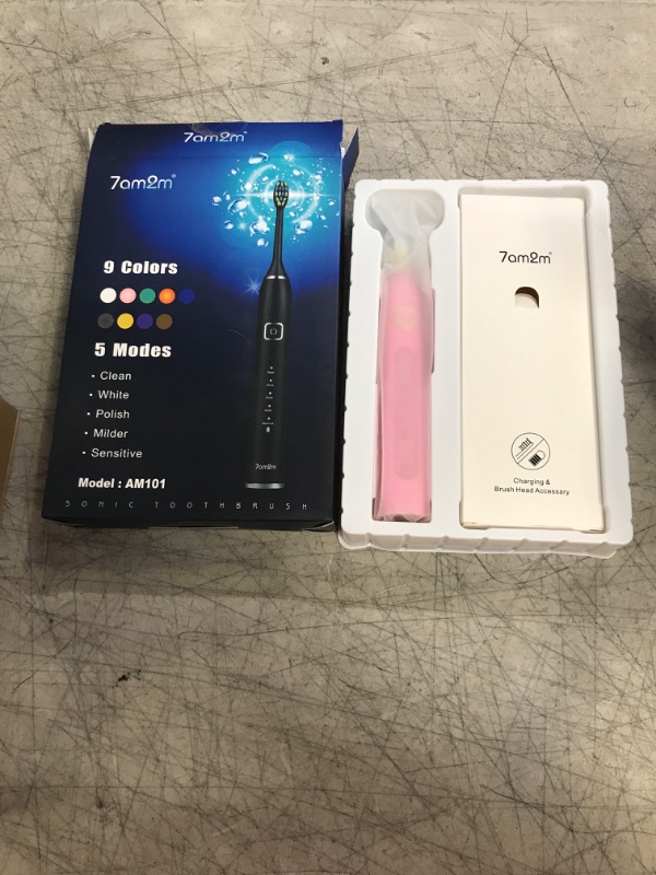 Photo 2 of 7AM2M Sonic Electric Toothbrush with 6 Brush Heads for Adults and Kids, One Charge for 90 Days, Wireless Fast Charge, 5 Modes with 2 Minutes Built in Smart Timer, Electric Toothbrushes(Pink) Light Pink