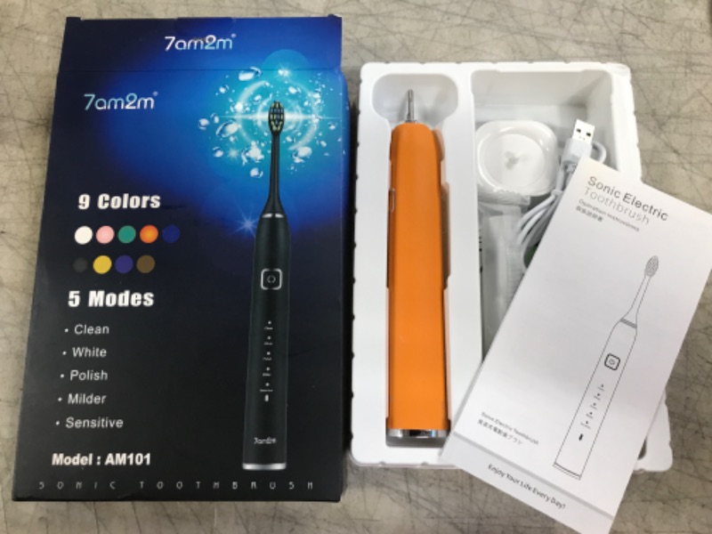 Photo 2 of 7AM2M Sonic Electric Toothbrush with 6 Brush Heads for Adults and Kids, One Charge for 90 Days, Wireless Fast Charge, 5 Modes with 2 Minutes Built in Smart Timer, Electric Toothbrushes(Orange)