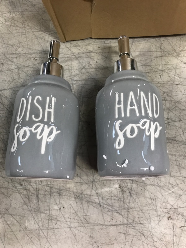 Photo 2 of 2 Pack Ceramics Hand Soap and Dish Soap Dispenser Set for Kitchen and Bathroom, Refillable Liquid Hand Soap Dispenser, Premium Kitchen Soap Dispenser, Perfect for Counter Décor (Gray) Gary-hsds