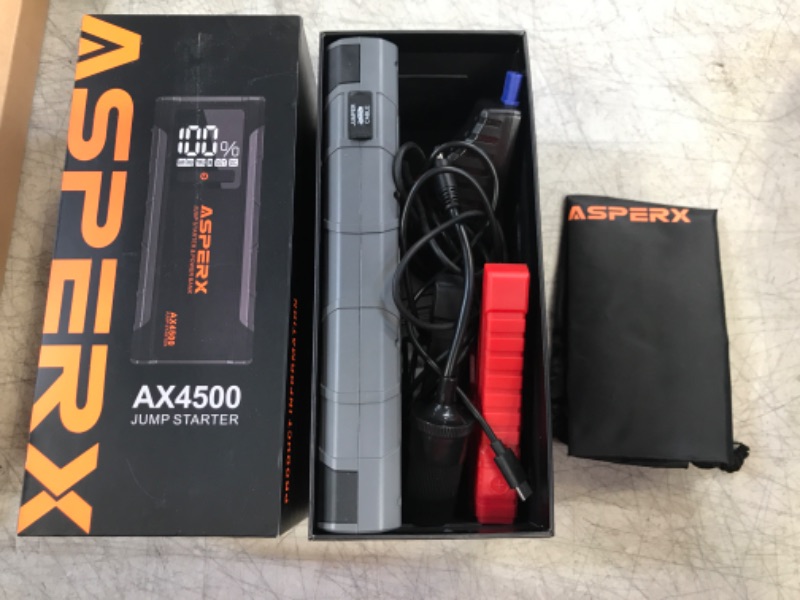 Photo 2 of ASPERX AX4500 Jump Starter, 4500A Peak Car Starter for Up to All Gas and 10.0L Diesel Engines, 12V Battery with 4 Inch LCD Display, Lithium Booster Built-in LED Light gray