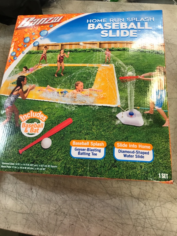 Photo 2 of BANZAI Home Run Splash Baseball Slide, Length: 14 ft, Width: 14 ft, Inflatable Outdoor Backyard Water Slide Splash Toy, Baseball Bat & Ball Included, Slide