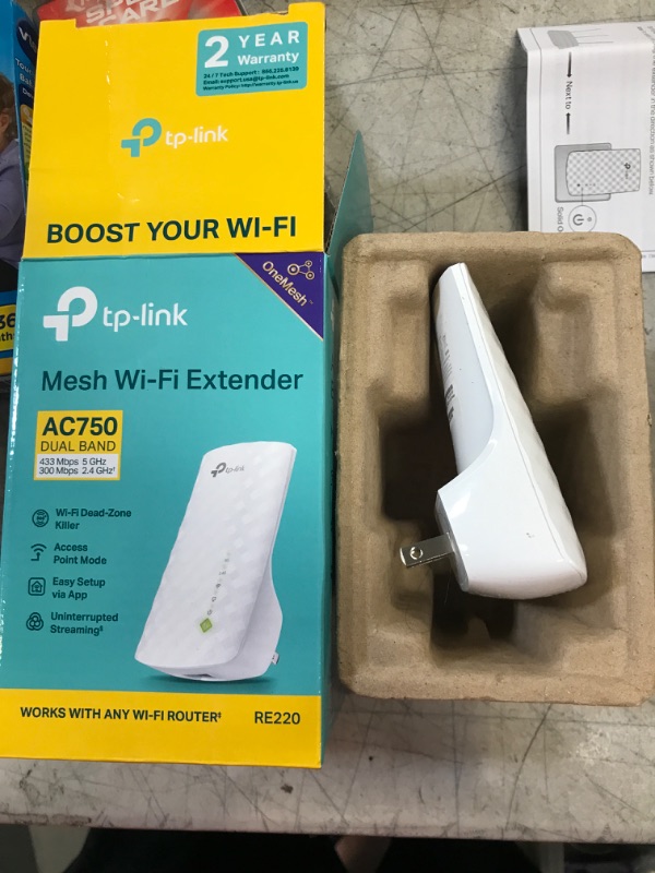 Photo 2 of TP-Link WiFi Extender with Ethernet Port, Dual Band 5GHz/2.4GHz , Up to 44% more bandwidth than single band, Covers Up to 1200 Sq.ft and 30 Devices, signal booster amplifier supports OneMesh(RE220) AC750