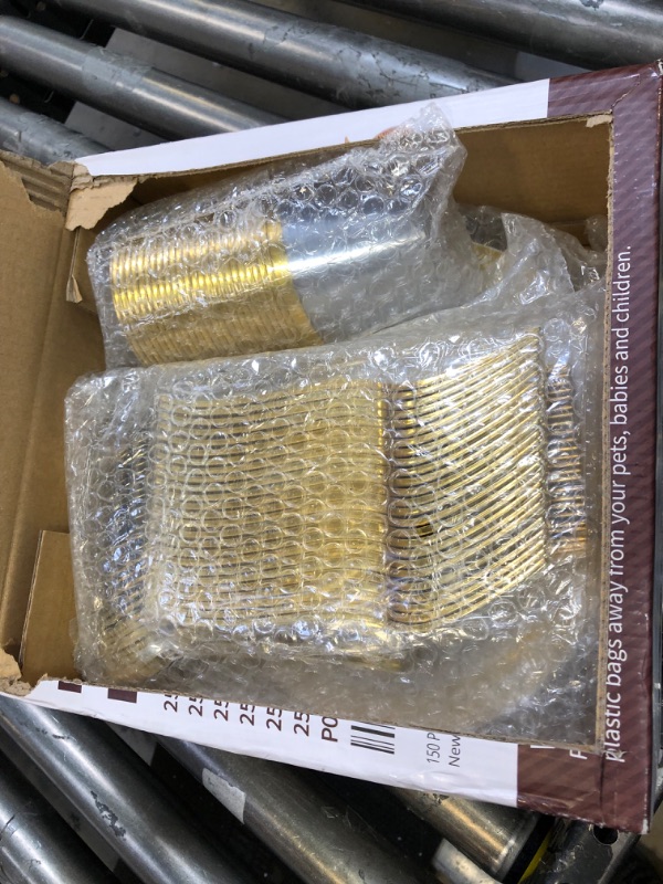 Photo 1 of 150 Count Gold Dinnerware Set, Elegant Plastic Plates Disposable Include: 25 Gold Lace Plastic Plates, 25 Dessert Plates, 25 Forks, 25 Knives, 25 Spoons, 25 Cup, Ideal for Party, Birthday
