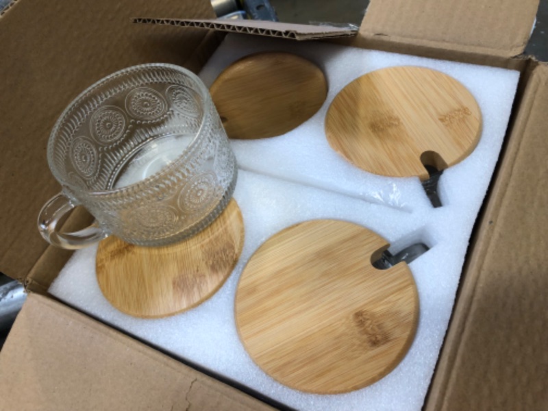 Photo 2 of 4pcs Set Vintage Coffee Mugs, Overnight Oats Containers with Bamboo Lids and Spoons - 14oz Clear Embossed Glass Cups, Cute Coffee Bar Accessories, Iced Coffee Glasses, Ideal for Cappuccino, Tea, Latte