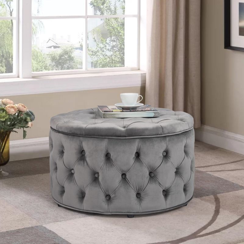 Photo 1 of Adeco Round Storage Ottoman Button Tufted Footrest Stool Bench Grey-Velvet Wood, Fabric
