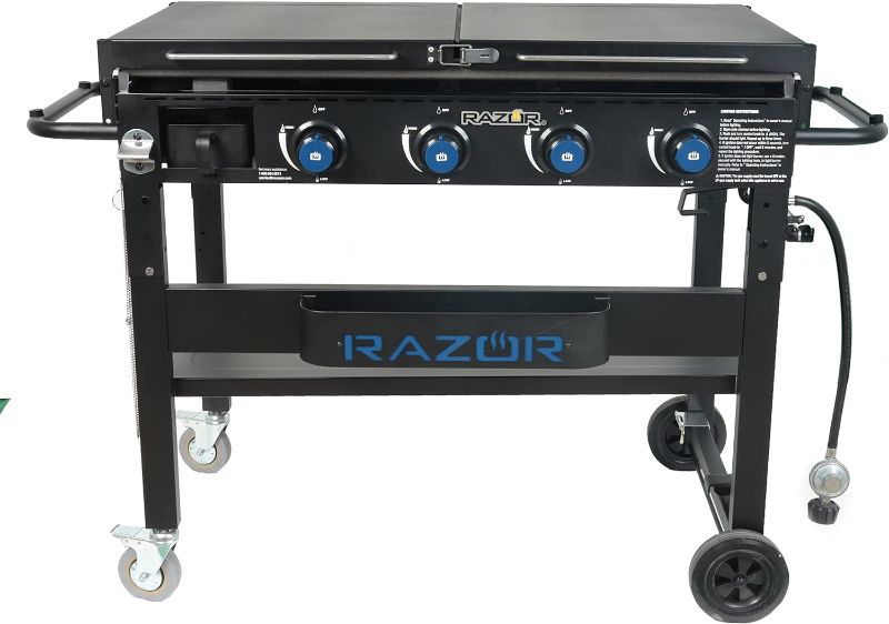 Photo 1 of 37 in. 4-Burner Propane Gas Griddle Grill with Foldable Shelves in Black with Condiment Tray and Wind Guards included
one handle is bent and missing screws*******
