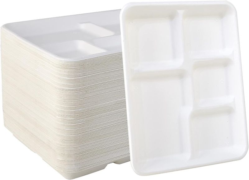 Photo 1 of 100 Pack 5 Compartment Plates, 100% Compostable Paper Plate, 10.25*8.5 inch Disposable School Lunch Trays, Eco-Friendly Bagasse Plates for School Lunch, Buffet, and Party , Perfect for Boys and Girls 100 5 compartment plates