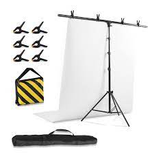 Photo 1 of Selens T-Shape Portable Backdrop Stand 4.92x8.20ft, Adjustable Photo Backdrop Stand for Parties and Photo Video Studio with 6 Clamps, Sandbag, Carry Bag, White PVC Backdrop 4.92x8.20ft with 6 Clamps, White PVC Backdrop