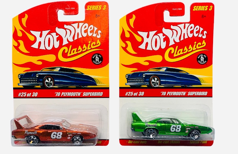 Photo 1 of 985375… 2 hot wheels classics die cast 1970 Plymouth Superbird cars with special paint 