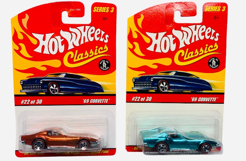 Photo 1 of 985379… 2 hot wheels classics die cast 1969 Corvette cars with special paint 