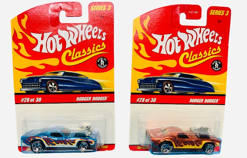 Photo 1 of 985405… 2 hot wheels classics die cast Rodger Dodger cars with special paint 
