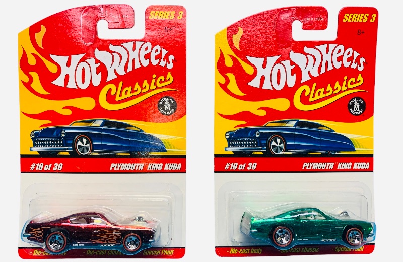 Photo 1 of 985414… 2 hot wheels classics die cast redline Plymouth King Kuda cars with special paint 
