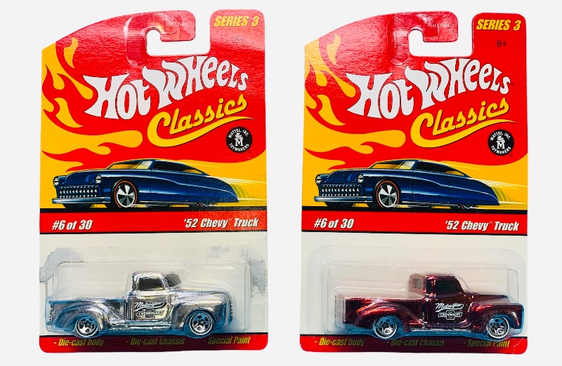 Photo 1 of 985416… 2 hot wheels classics die cast white wall 1952 Chevy trucks with special paint 