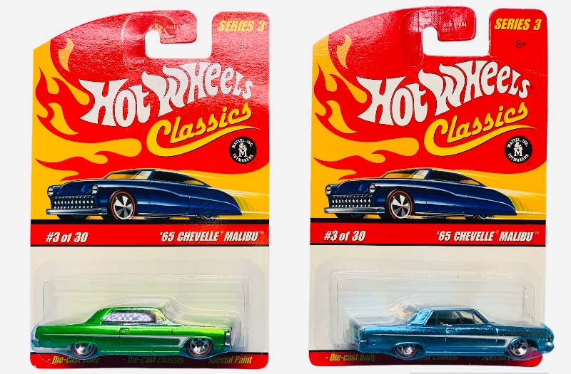 Photo 1 of 985418… 2 hot wheels classics redline die cast 1965 Chevelle Malibu cars with special paint 