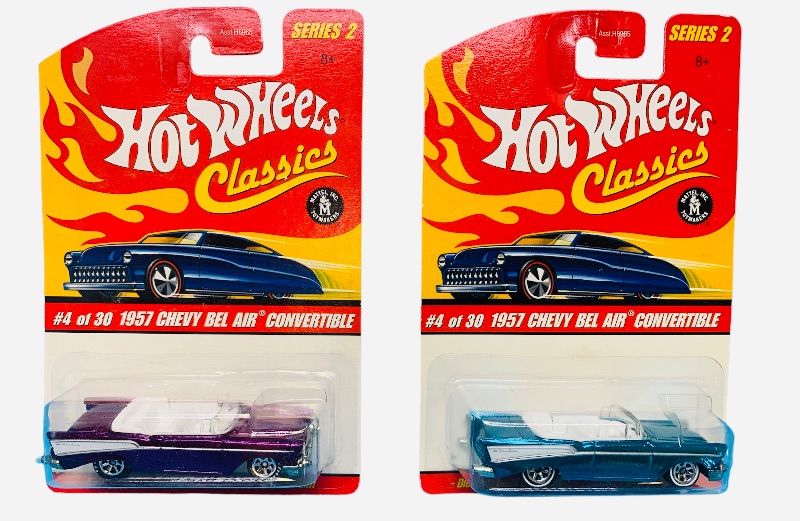 Photo 1 of 985421… 2 hot wheels classics die cast 1957 Chevy bel air convertible cars with special paint 