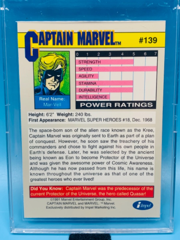 Photo 2 of 985523…1991 marvel legends Captain Marvel card 138  in hard plastic case 