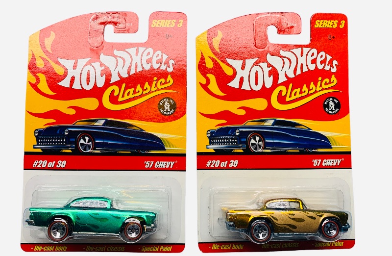 Photo 1 of 985559… 2 hot wheels classics redline die cast ‘57 Chevy cars with special paint 