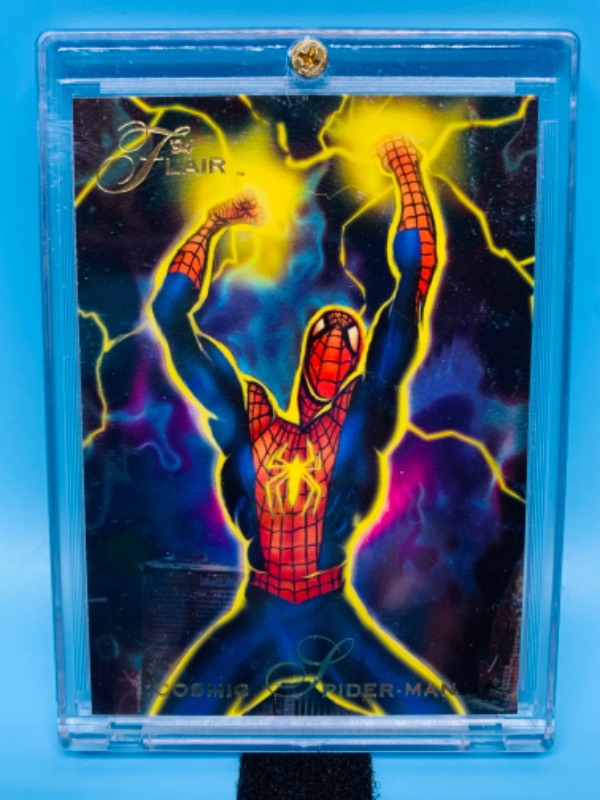 Photo 1 of 985839…1990 Flair the cosmic Spider-Man card 67 in hard Plastic case 