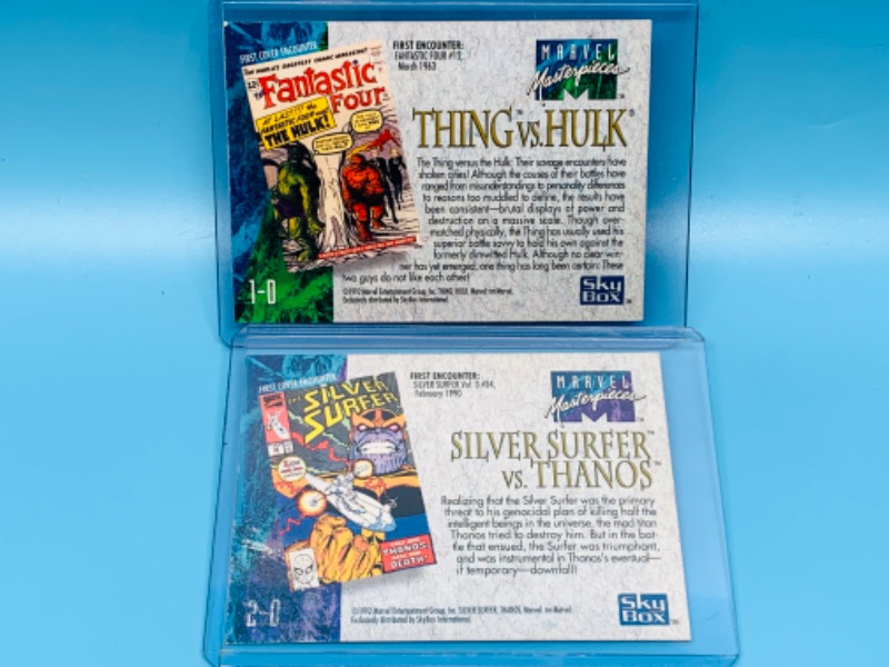 Photo 2 of 985847…1992 Thing vs. Hulk and Silver Surfer vs. Thanos cards in hard plastic sleeves 