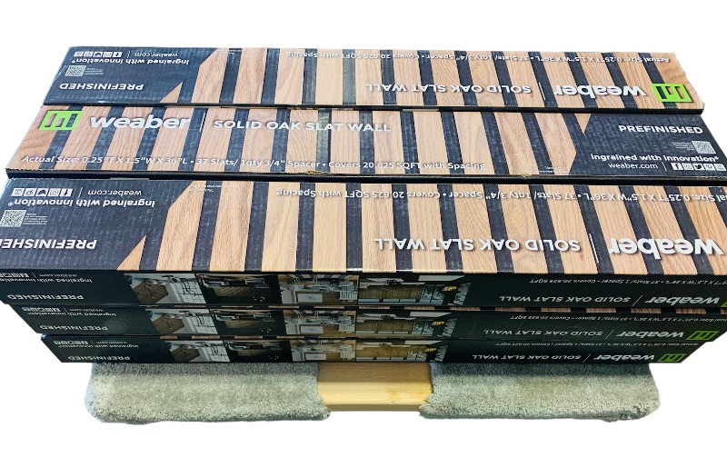 Photo 5 of 985869…  9 boxes of weaber prefinished solid oak slat wall - covers over 60 square feet total each box  20.625 sq ft with spacing each piece 36” L x 1.5 W x .25T